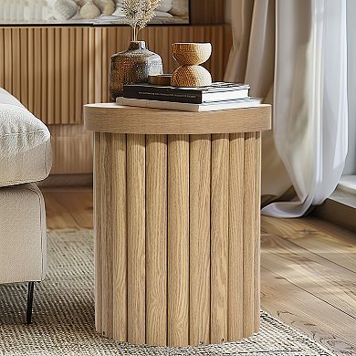 LuxenHome Wood Fluted Round Side Table Mid Century Modern Small End Table for Small Spaces