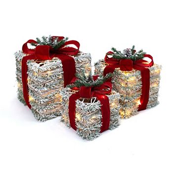 LuxenHome 3 pc Frosted Faux Branch Giftbox Holiday Decoration Set with Lights