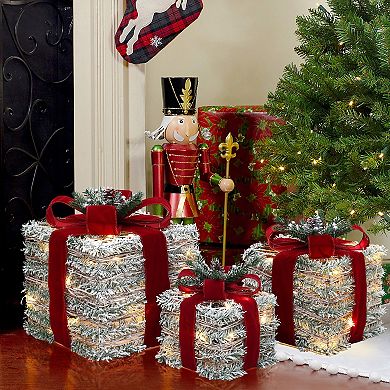 LuxenHome 3-piece Frosted Faux Branch Giftbox Holiday Decoration Set with Lights