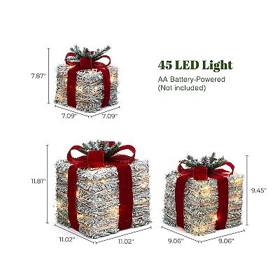 LuxenHome 3-piece Frosted Faux Branch Giftbox Holiday Decoration Set with Lights