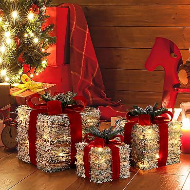 LuxenHome 3-piece Frosted Faux Branch Giftbox Holiday Decoration Set with Lights