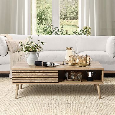 LuxenHome Mid-century Modern Rectangular Coffee Table With Storage And Solid Wood Legs