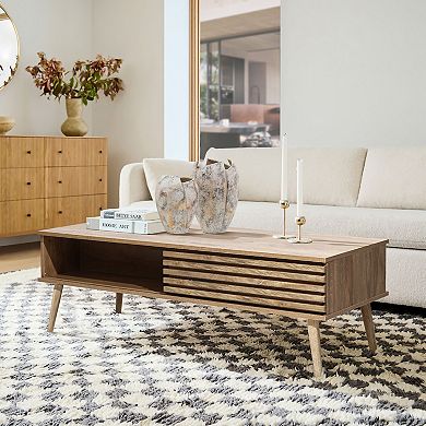 LuxenHome Mid-century Modern Rectangular Coffee Table With Storage And Solid Wood Legs