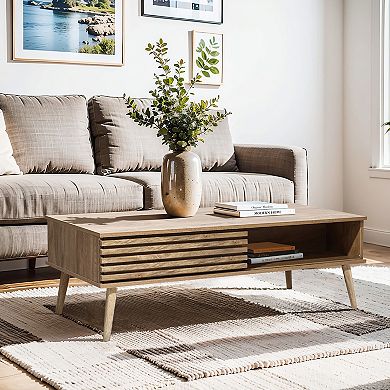 LuxenHome Mid-century Modern Rectangular Coffee Table With Storage And Solid Wood Legs