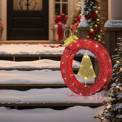 LuxenHome 1.9ft Tall Ornament And Bell Wreath Outdoor Holiday Decoration With Lights