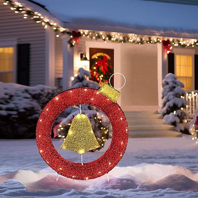 LuxenHome 1.9ft Tall Ornament And Bell Wreath Outdoor Holiday Decoration With Lights
