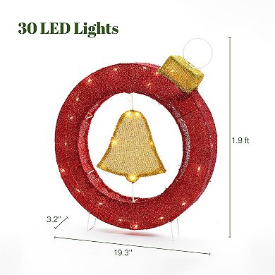LuxenHome 1.9ft Tall Ornament And Bell Wreath Outdoor Holiday Decoration With Lights