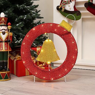 LuxenHome 1.9ft Tall Ornament And Bell Wreath Outdoor Holiday Decoration With Lights