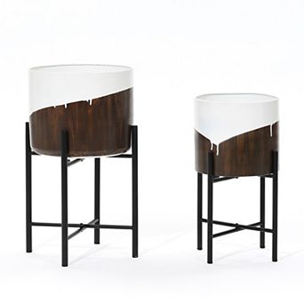 LuxenHome 2 pc White and Brown Metal Cachepot Planters Set with Black Stands