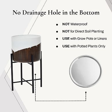 LuxenHome 2-Piece White and Brown Metal Cachepot Planters Set with Black Stands