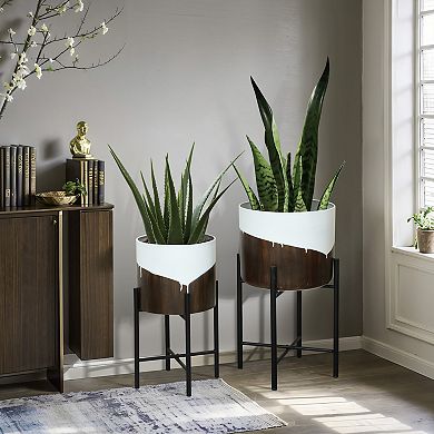 LuxenHome 2-Piece White and Brown Metal Cachepot Planters Set with Black Stands