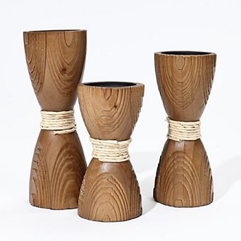 LuxenHome 3 pc Pine Wood with Rattan Pillar Candle Holder Set
