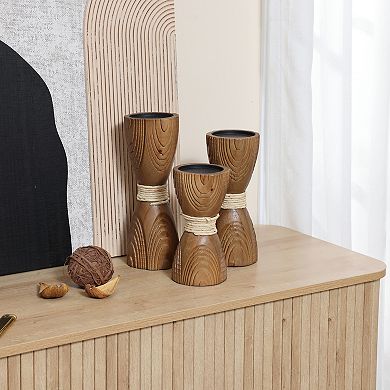 LuxenHome 3-Piece Pine Wood with Rattan Pillar Candle Holder Set