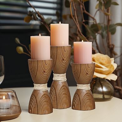 LuxenHome 3-Piece Pine Wood with Rattan Pillar Candle Holder Set