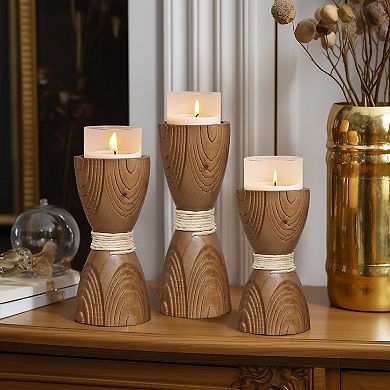 LuxenHome 3-Piece Pine Wood with Rattan Pillar Candle Holder Set