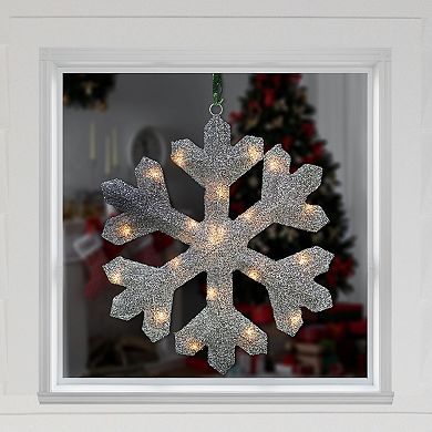 Northlight Lighted Tinsel Snowflake Christmas Window Decoration - 20" - Silver - Clear Lights