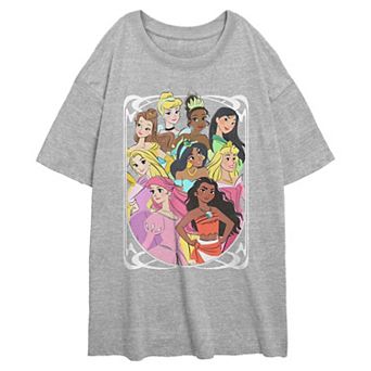 Disney Princess Belle, Cinderella, Tiana, Mulan, Rapunzel, Jasminem Aurora, Ariel & Moana Fancy Ladies Juniors' Oversized Graphic Tee