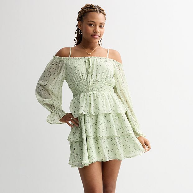 knee length dresses for ladies JUNIORS LS A-LINE MINI FLORAL DRESS main image 0