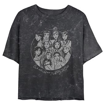 Disney Princess Mulan, Belle, Cinderella, Pocahontas, Jasmine, Ariel, Snow White, Rapunzel, Aurora & Tiana We All Have A Story To Tell Juniors' Cropped Graphic Tee