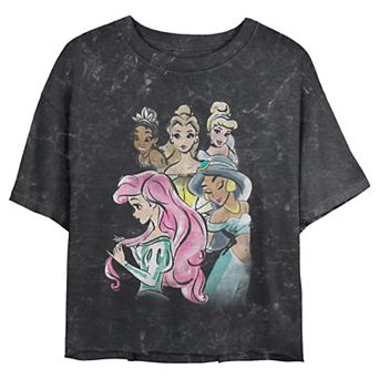 Disney Princess Tiana, Belle, Cinderella, Ariel & Jasmine Watercolor Portraits Juniors' Cropped Graphic Tee