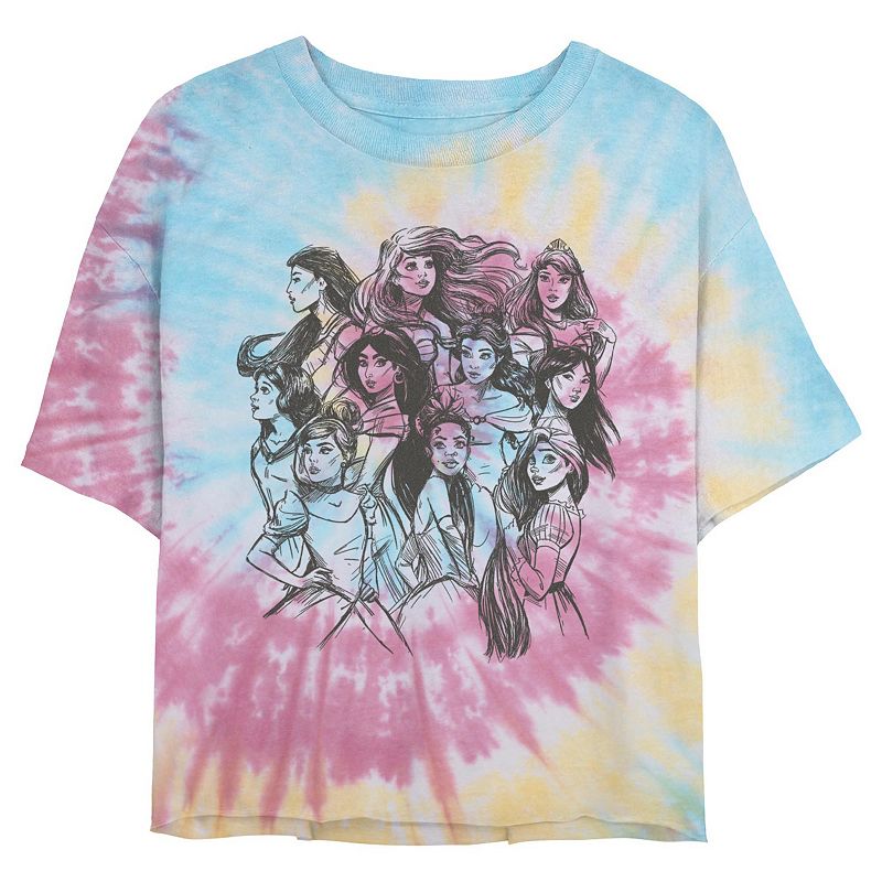 Disney Princess Pocahontas, Ariel, Aurora, Snow White, Jasmine, Belle, Mulan, Cinderella, Tiana & Rapunzel Group Sketch Juniors' Cropped Graphic Tee, Girl's, 