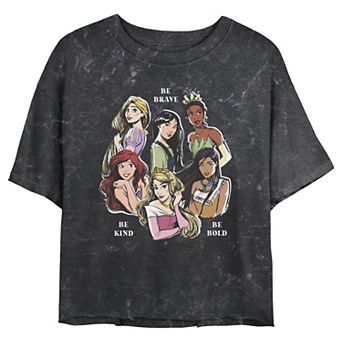 Disney Princess Rapunzel, Mulan, Tiana, Ariel, Aurora & Pocahontas Be Brave Be Kind Be Bold Juniors' Cropped Graphic Tee