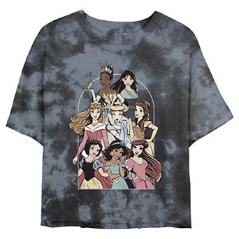 Disney Princess Tiana, Mulan, Aurora, Cinderella, Belle, Snow White, Jasmine & Arial Group Poster Juniors' Cropped Graphic Tee