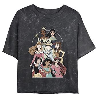 Disney Princess Tiana, Mulan, Aurora, Cinderella, Belle, Snow White, Jasmine & Arial Group Poster Juniors' Cropped Graphic Tee