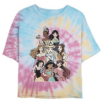 Disney Princess Tiana, Mulan, Aurora, Cinderella, Belle, Snow White, Jasmine & Arial Group Poster Juniors' Cropped Graphic Tee