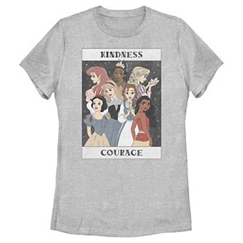 Disney Princess Ariel, Tiana, Rapunzel, Snow White, Aurora, Belle & Moana Kindness And Courage Portrait Juniors' Graphic Tee
