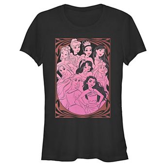Disney Princess Belle, Cinderella, Tiana, Pocahontas, Rapunzel, Jasmine, Aurora, Ariel & Moana Charming Portrait Juniors' Fitted Graphic Tee