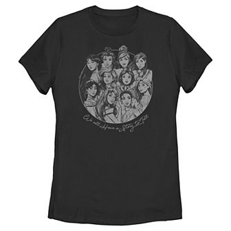Disney Princess Mulan, Belle, Cinderella, Pocahontas, Jasmine, Ariel, Snow White, Rapunzel, Aurora & Tiana We All Have A Story To Tell Juniors' Graphic Tee