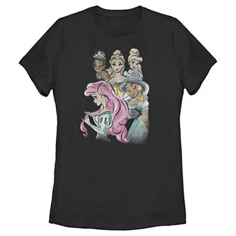 Disney Princess Tiana, Belle, Cinderella, Ariel & Jasmine Watercolor Portraits Juniors' Graphic Tee