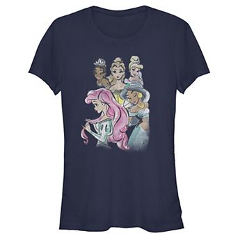 Disney Princess Tiana, Belle, Cinderella, Ariel & Jasmine Watercolor Portrait Juniors' Fitted Graphic Tee