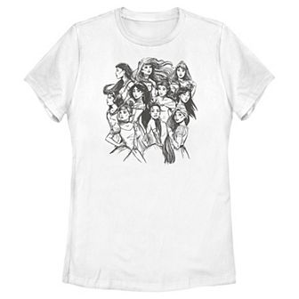 Disney Princess Pocahontas, Ariel, Aurora, Snow White, Jasmine, Belle, Mulan, Cinderella, Tiana & Rapunzel Vintage Sketch Juniors' Graphic Tee
