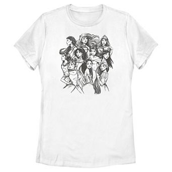 Disney Princess Pocahontas, Ariel, Aurora, Snow White, Jasmine, Belle, Mulan, Cinderella, Tiana & Rapunzel Vintage Sketch Juniors' Graphic Tee