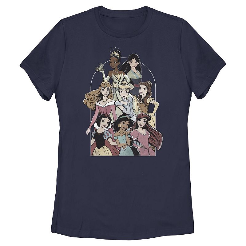 Disney Princess Tiana, Mulan, Aurora, Cinderella, Belle, Snow White, Jasmine & Ariel Close Group Juniors' Graphic Tee, Girl's, Size: Small, Blue