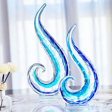 Luxury Lane Hand Blown Ocean Wave Sommerso Art Glass Sculpture