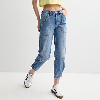 Juniors' SO® Mid-Rise Button Hem Jogger Jeans