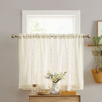 HLC.me Linda Faux Linen Textured Semi Sheer Rod Pocket Cafe Curtain Tiers, Set Of 2