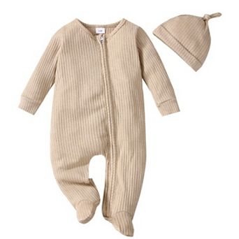 Baby Girls Boys Mocha Ribbed Knit Zipper Footie With Hat