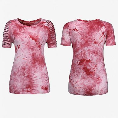 Women's Short Sleeve Tie-Dye Top with Cut-Out Shoulder Design Casual Summer T-Shirt