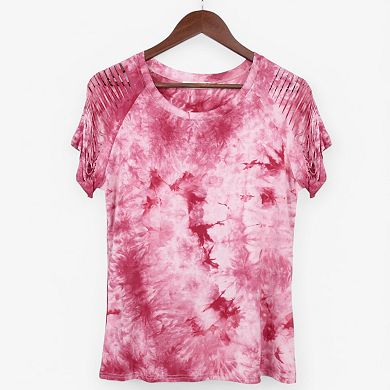 Women's Short Sleeve Tie-Dye Top with Cut-Out Shoulder Design Casual Summer T-Shirt