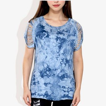 Women's Short Sleeve Tie-Dye Top with Cut-Out Shoulder Design Casual Summer T-Shirt