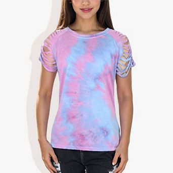 Women's Short Sleeve Tie-Dye Top with Cut-Out Shoulder Design Casual Summer T-Shirt