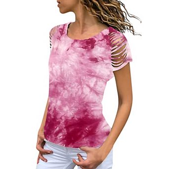 Women's Short Sleeve Tie-Dye Top with Cut-Out Shoulder Design Casual Summer T-Shirt