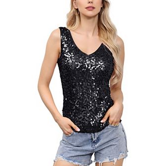 Women's Sleeveless Sequin Tank Top V-Neck Sparkly Party Shirt