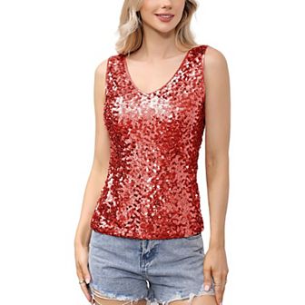 Women's Sleeveless Sequin Tank Top V-Neck Sparkly Party Shirt