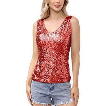 Women's Sleeveless Sequin Tank Top V-Neck Sparkly Party Shirt