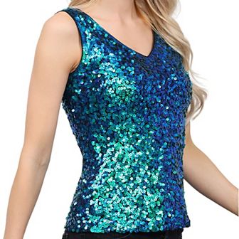 Women's Sleeveless Sequin Tank Top V-Neck Sparkly Party Shirt